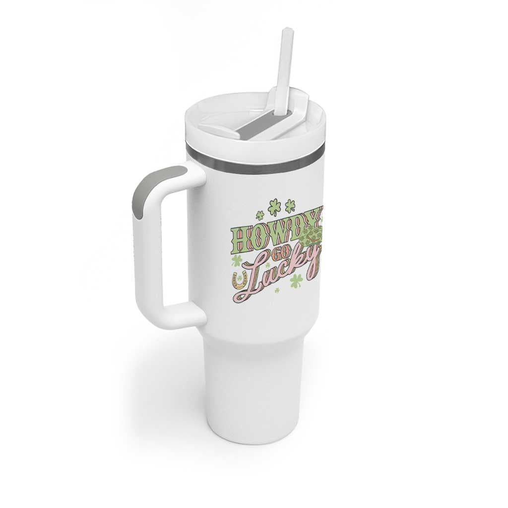 Funny St Patrick's Day Cowboy Cowgirl Tumbler With Handle Howdy Go Lucky Shamrock