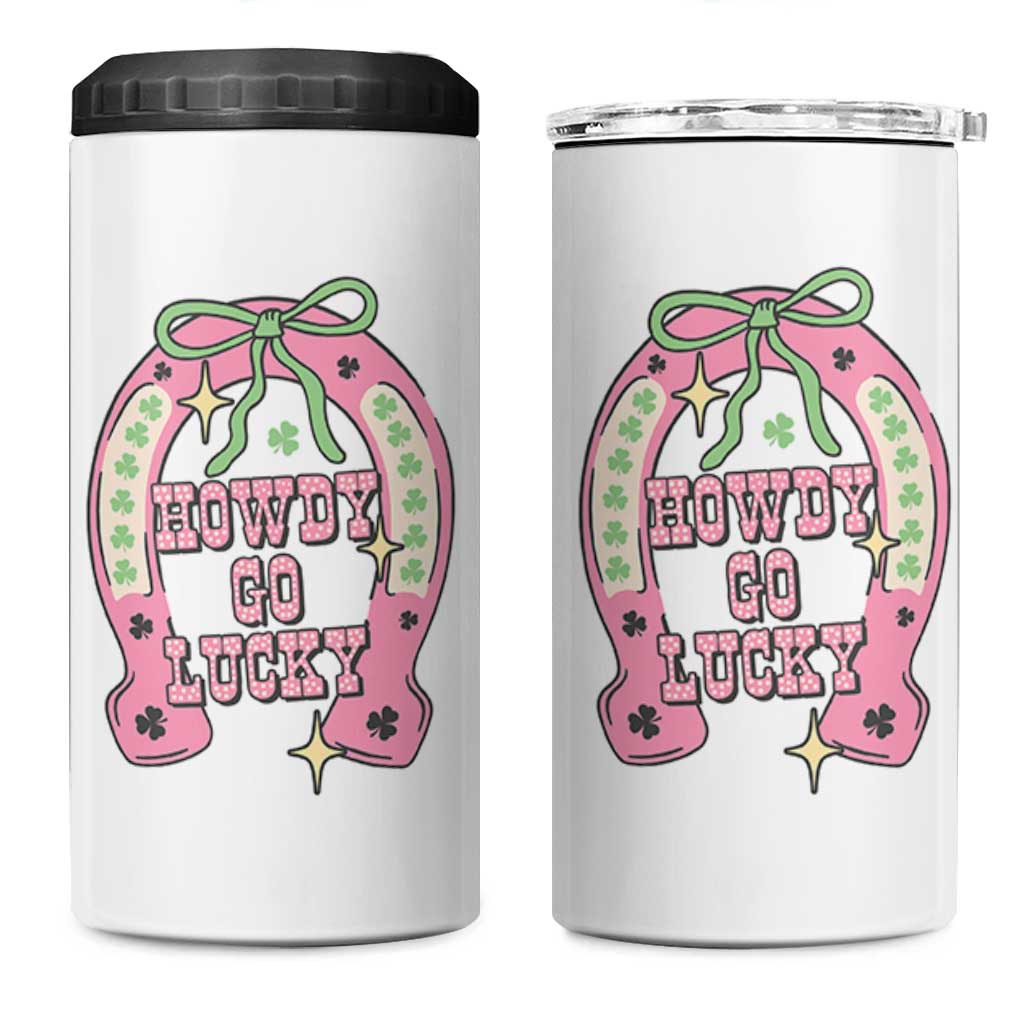 Funny St Patrick's Day Cowgirl Coquette 4 in 1 Can Cooler Tumbler Howdy Go Lucky Pink Horseshoe