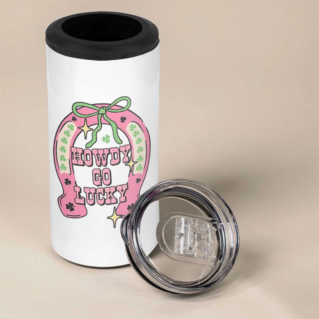Funny St Patrick's Day Cowgirl Coquette 4 in 1 Can Cooler Tumbler Howdy Go Lucky Pink Horseshoe