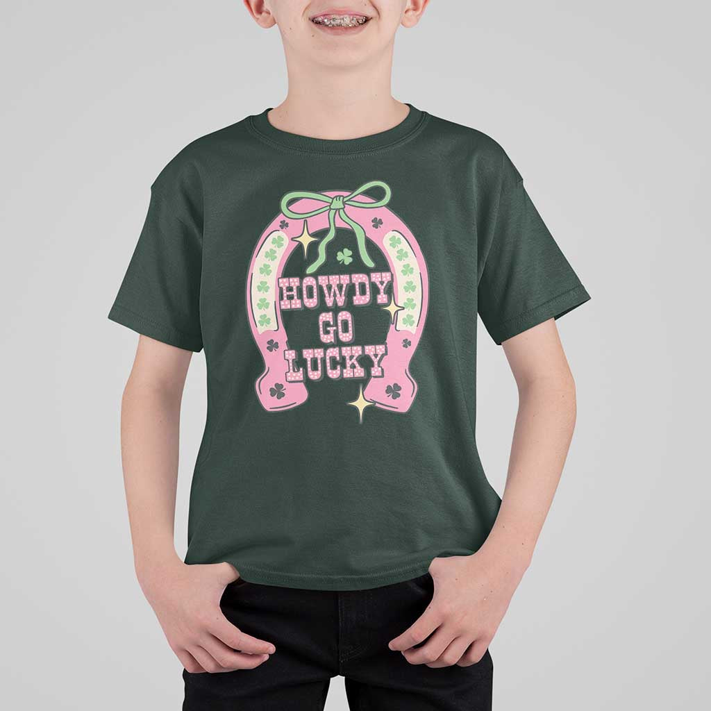 Funny St Patrick's Day Cowgirl Coquette T Shirt For Kid Howdy Go Lucky Pink Horseshoe