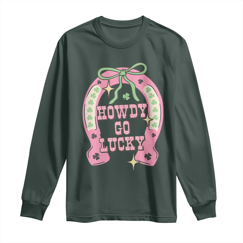 Funny St Patrick's Day Cowgirl Coquette Long Sleeve Shirt Howdy Go Lucky Pink Horseshoe