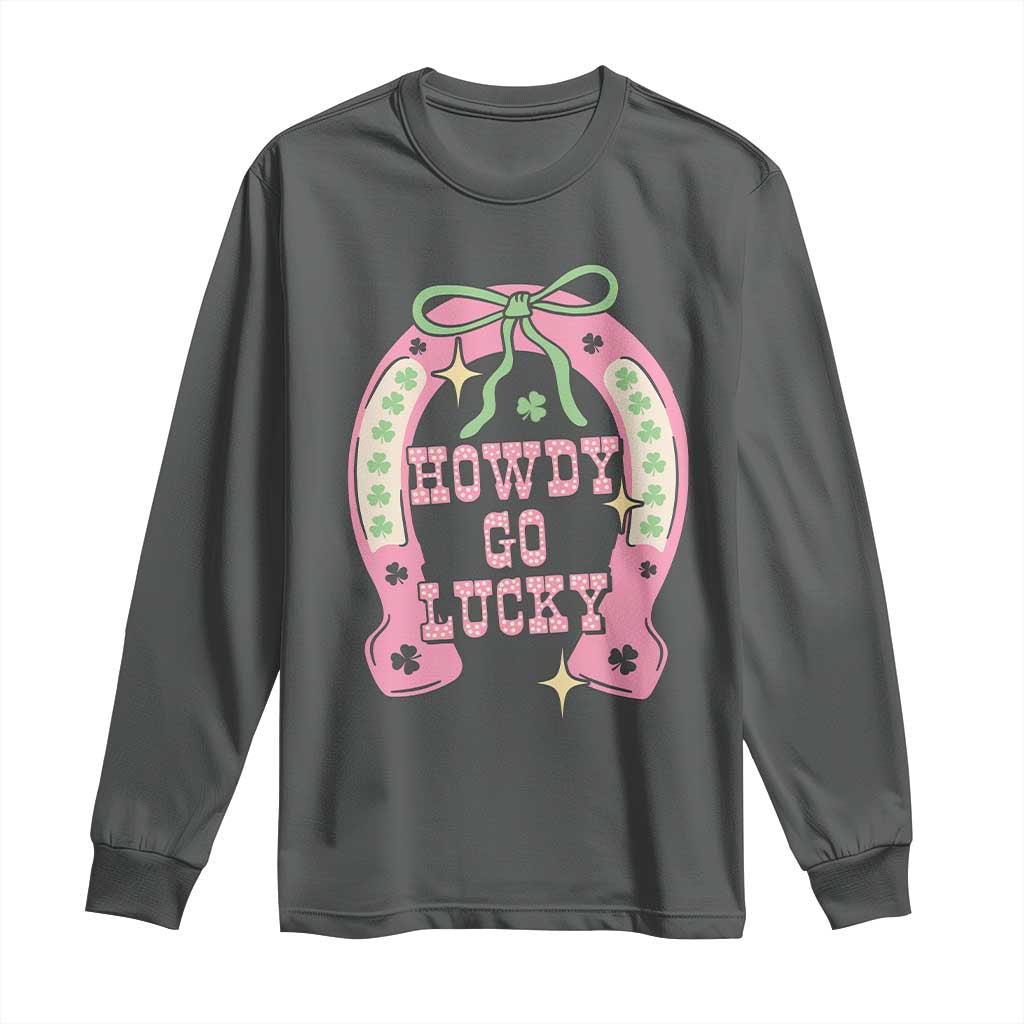 Funny St Patrick's Day Cowgirl Coquette Long Sleeve Shirt Howdy Go Lucky Pink Horseshoe