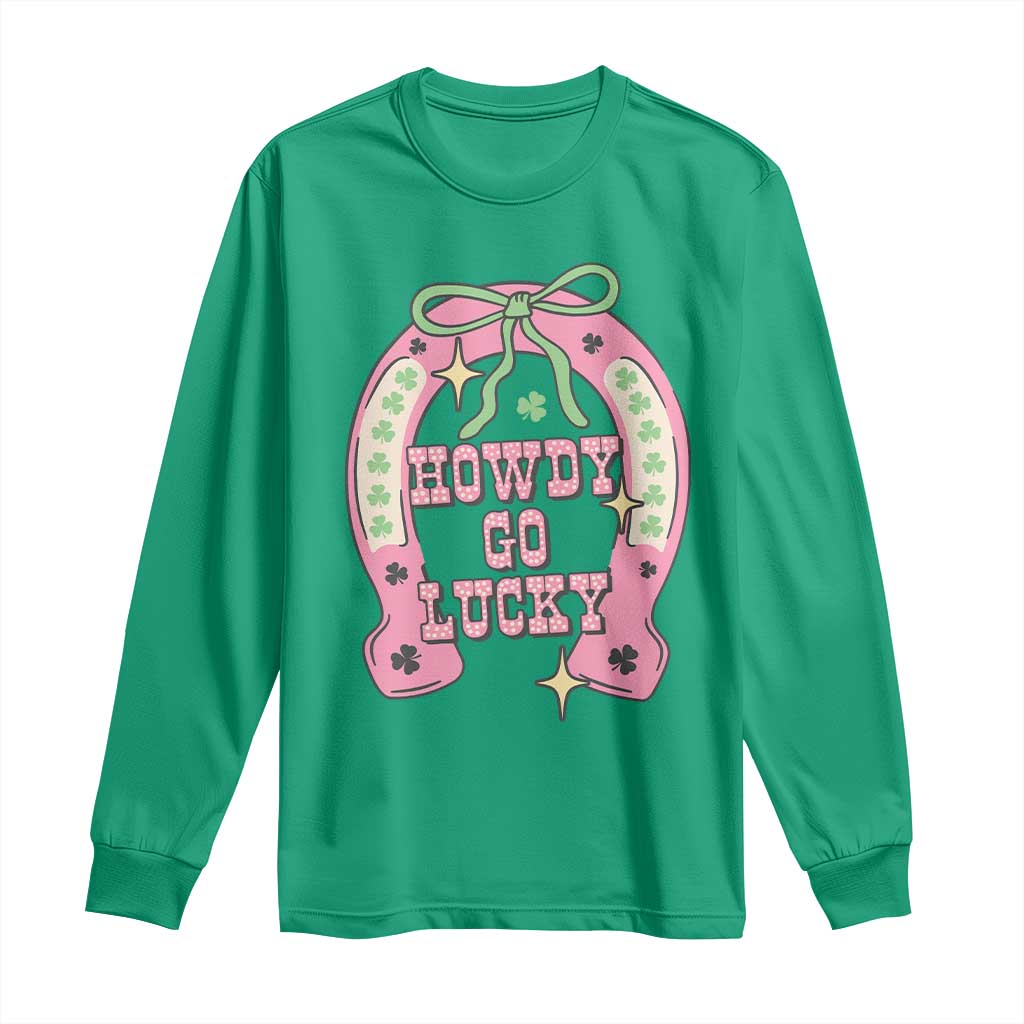 Funny St Patrick's Day Cowgirl Coquette Long Sleeve Shirt Howdy Go Lucky Pink Horseshoe