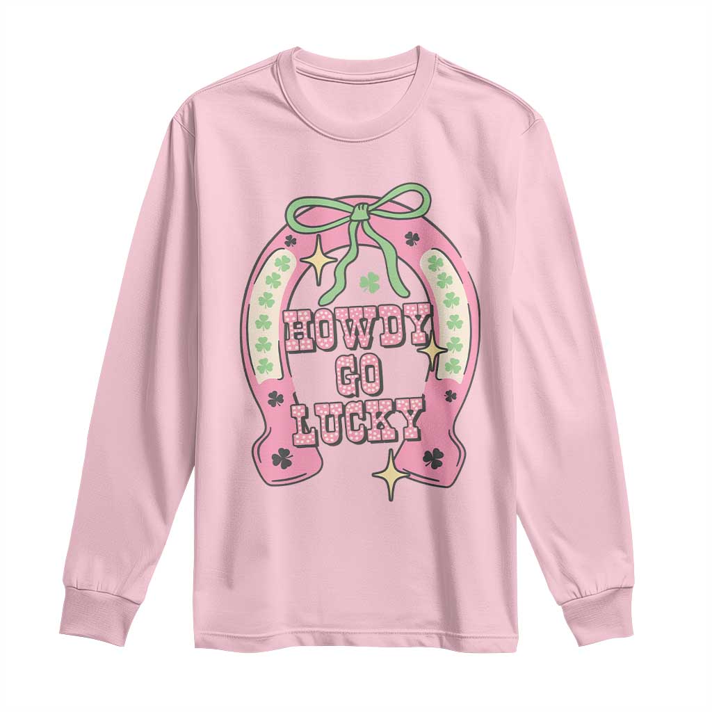 Funny St Patrick's Day Cowgirl Coquette Long Sleeve Shirt Howdy Go Lucky Pink Horseshoe