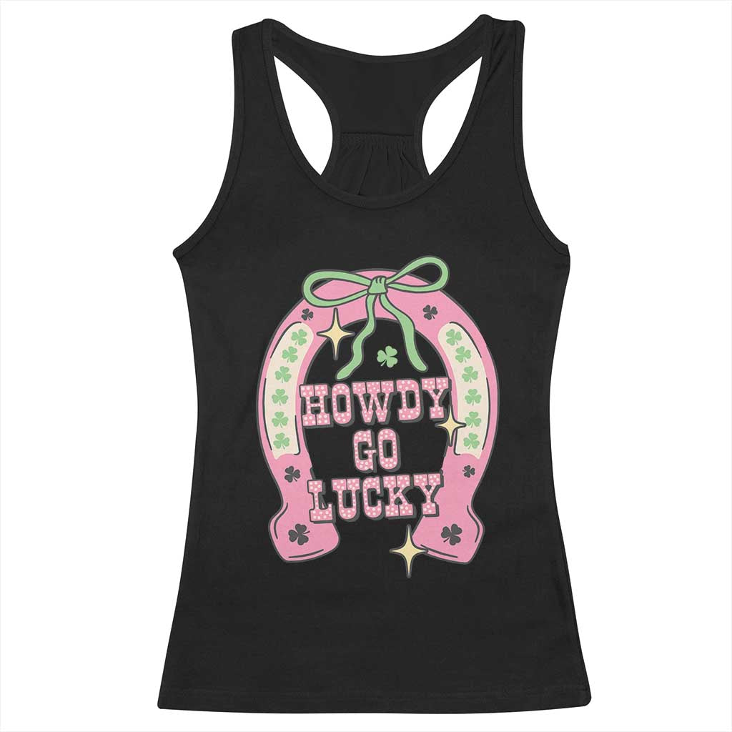Funny St Patrick's Day Cowgirl Coquette Racerback Tank Top Howdy Go Lucky Pink Horseshoe