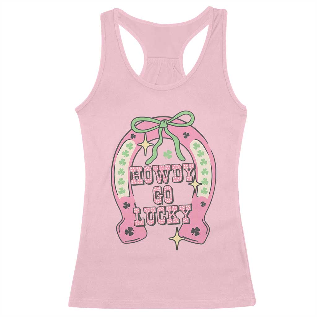 Funny St Patrick's Day Cowgirl Coquette Racerback Tank Top Howdy Go Lucky Pink Horseshoe