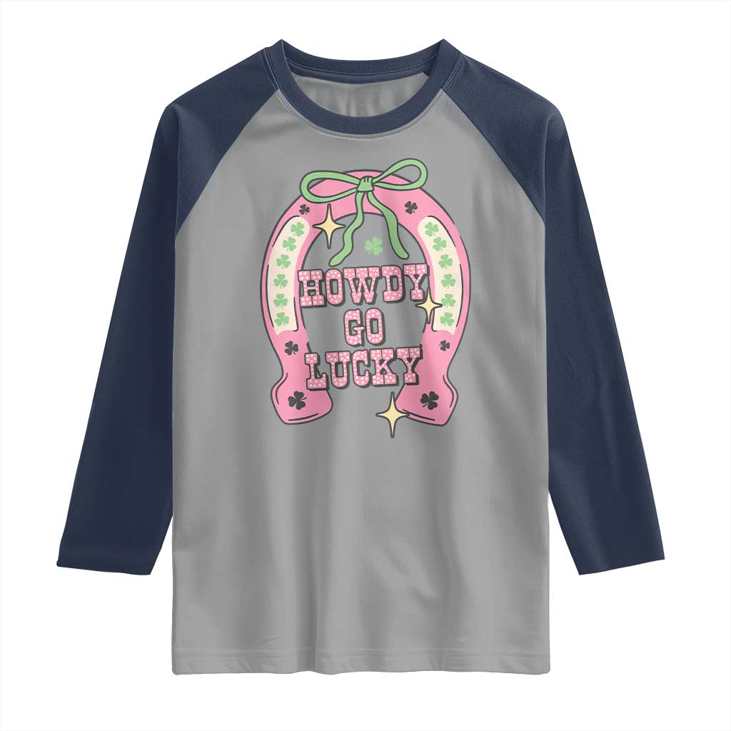 Funny St Patrick's Day Cowgirl Coquette Raglan Shirt Howdy Go Lucky Pink Horseshoe