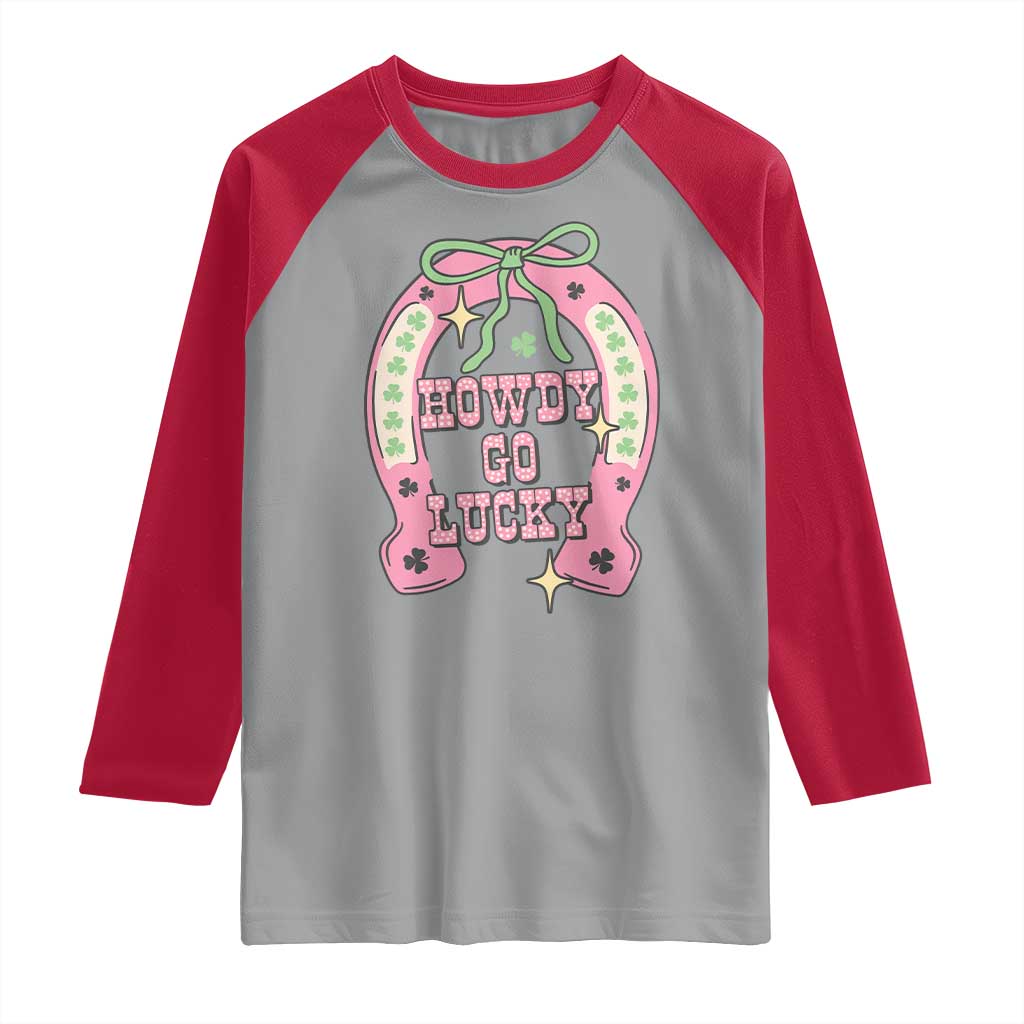 Funny St Patrick's Day Cowgirl Coquette Raglan Shirt Howdy Go Lucky Pink Horseshoe