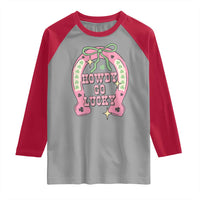 Funny St Patrick's Day Cowgirl Coquette Raglan Shirt Howdy Go Lucky Pink Horseshoe