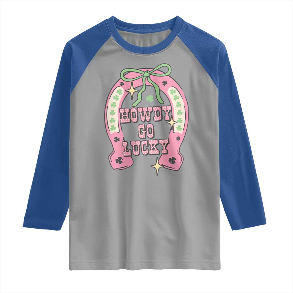 Funny St Patrick's Day Cowgirl Coquette Raglan Shirt Howdy Go Lucky Pink Horseshoe