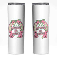 Funny St Patrick's Day Cowgirl Coquette Skinny Tumbler Howdy Go Lucky Pink Horseshoe