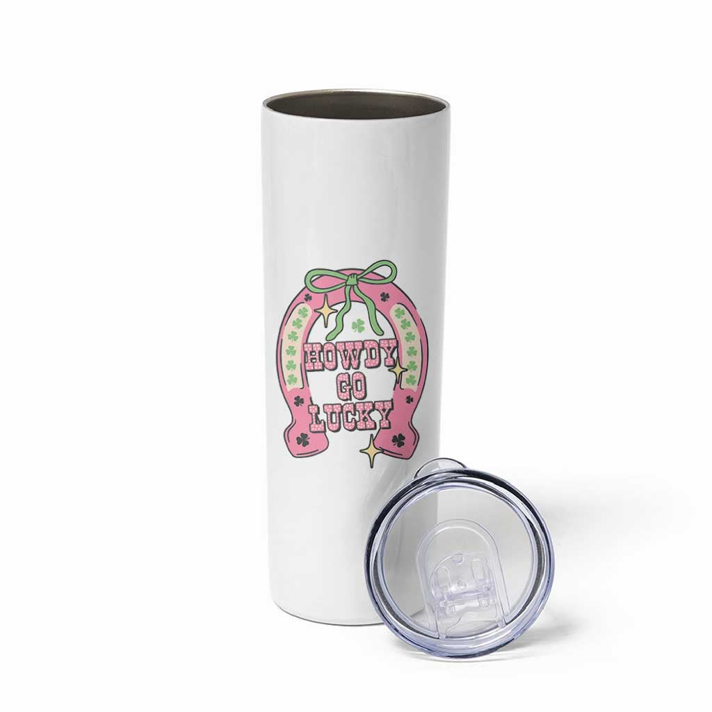 Funny St Patrick's Day Cowgirl Coquette Skinny Tumbler Howdy Go Lucky Pink Horseshoe