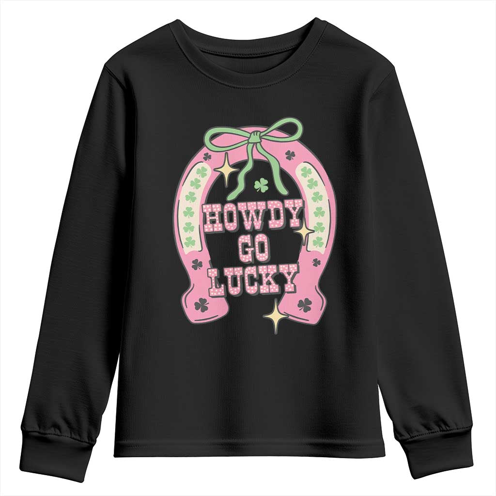 Funny St Patrick's Day Cowgirl Coquette Youth Sweatshirt Howdy Go Lucky Pink Horseshoe