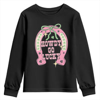 Funny St Patrick's Day Cowgirl Coquette Youth Sweatshirt Howdy Go Lucky Pink Horseshoe
