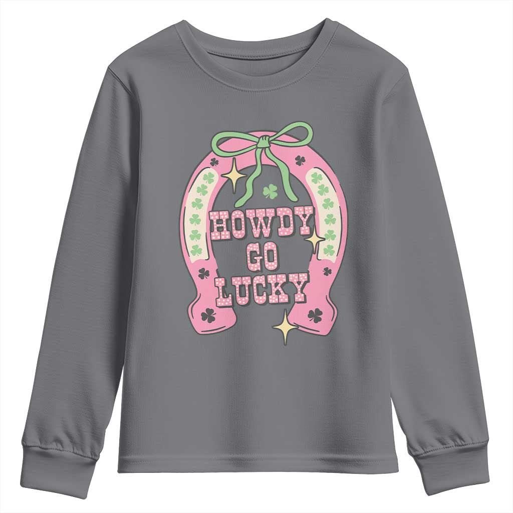 Funny St Patrick's Day Cowgirl Coquette Youth Sweatshirt Howdy Go Lucky Pink Horseshoe
