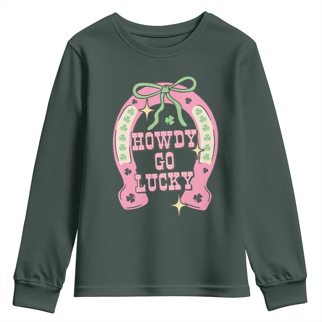 Funny St Patrick's Day Cowgirl Coquette Youth Sweatshirt Howdy Go Lucky Pink Horseshoe