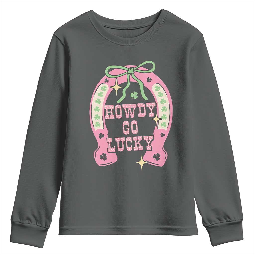 Funny St Patrick's Day Cowgirl Coquette Youth Sweatshirt Howdy Go Lucky Pink Horseshoe