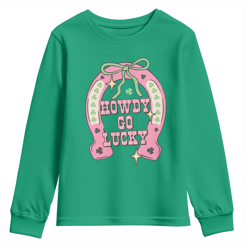 Funny St Patrick's Day Cowgirl Coquette Youth Sweatshirt Howdy Go Lucky Pink Horseshoe