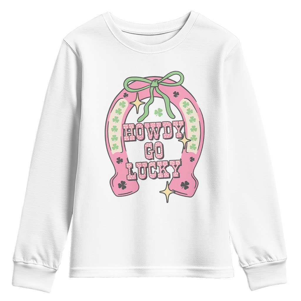 Funny St Patrick's Day Cowgirl Coquette Youth Sweatshirt Howdy Go Lucky Pink Horseshoe