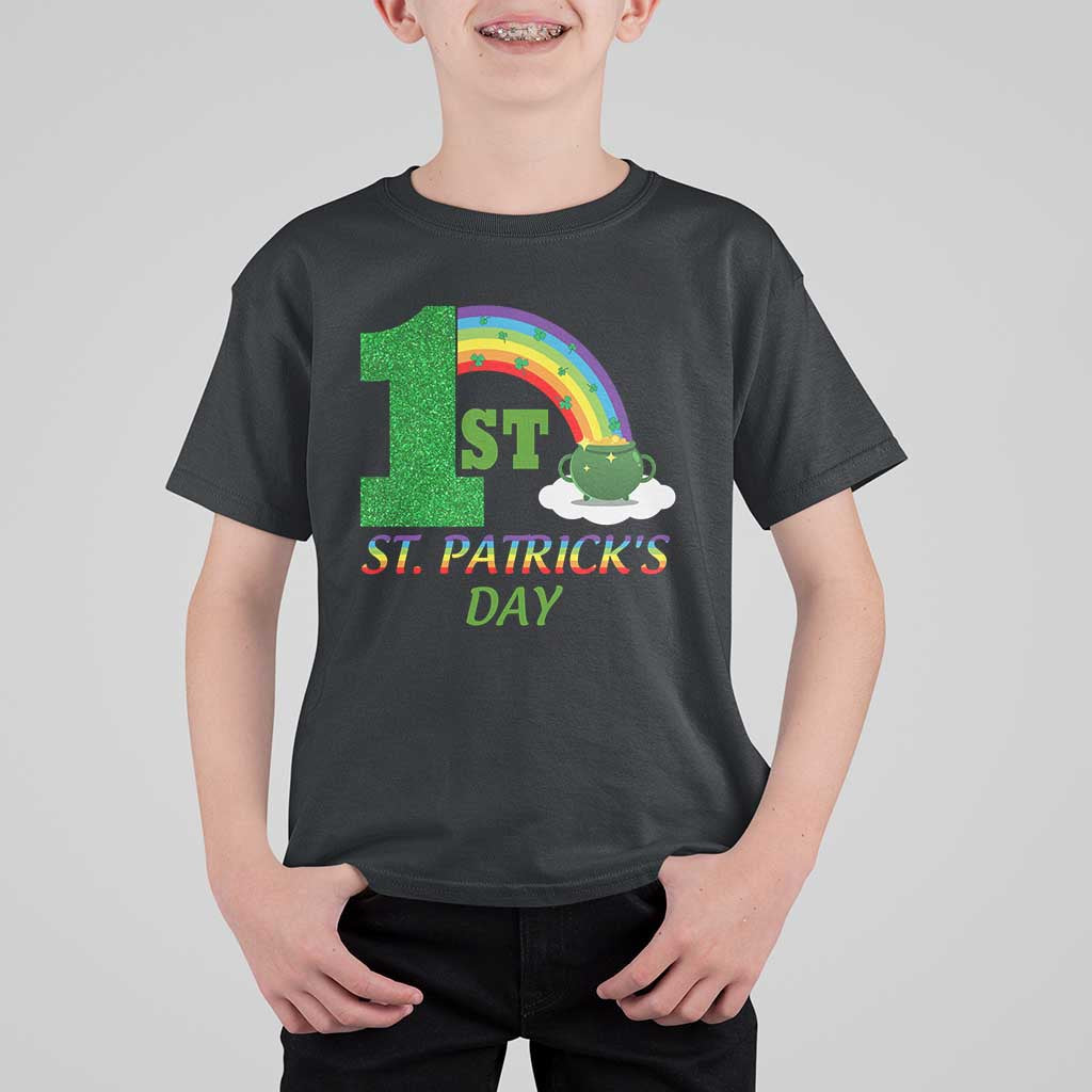 Funny First 1st St Patrick's Day T Shirt For Kid Shamrock Rainbow Glitter Print