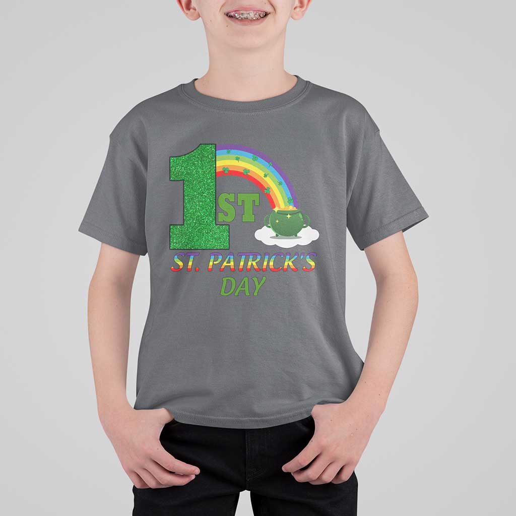 Funny First 1st St Patrick's Day T Shirt For Kid Shamrock Rainbow Glitter Print