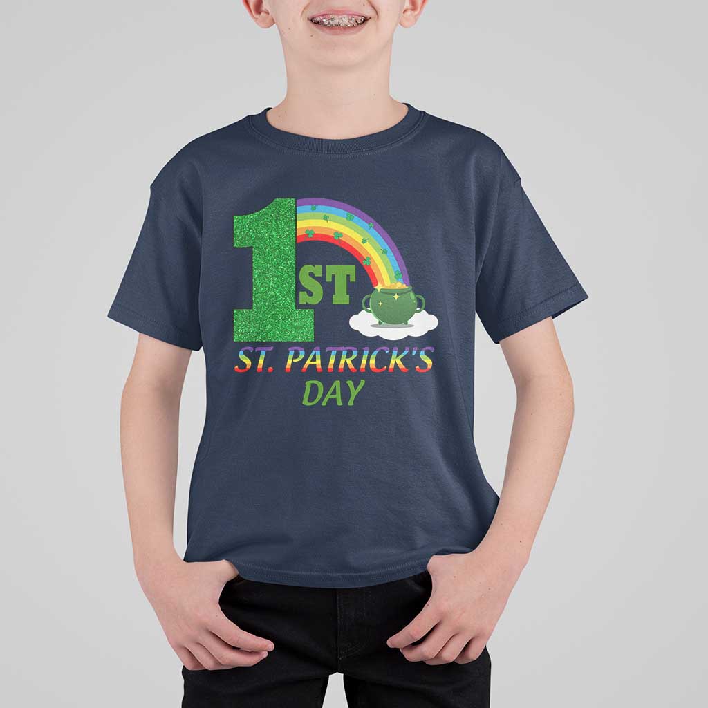 Funny First 1st St Patrick's Day T Shirt For Kid Shamrock Rainbow Glitter Print