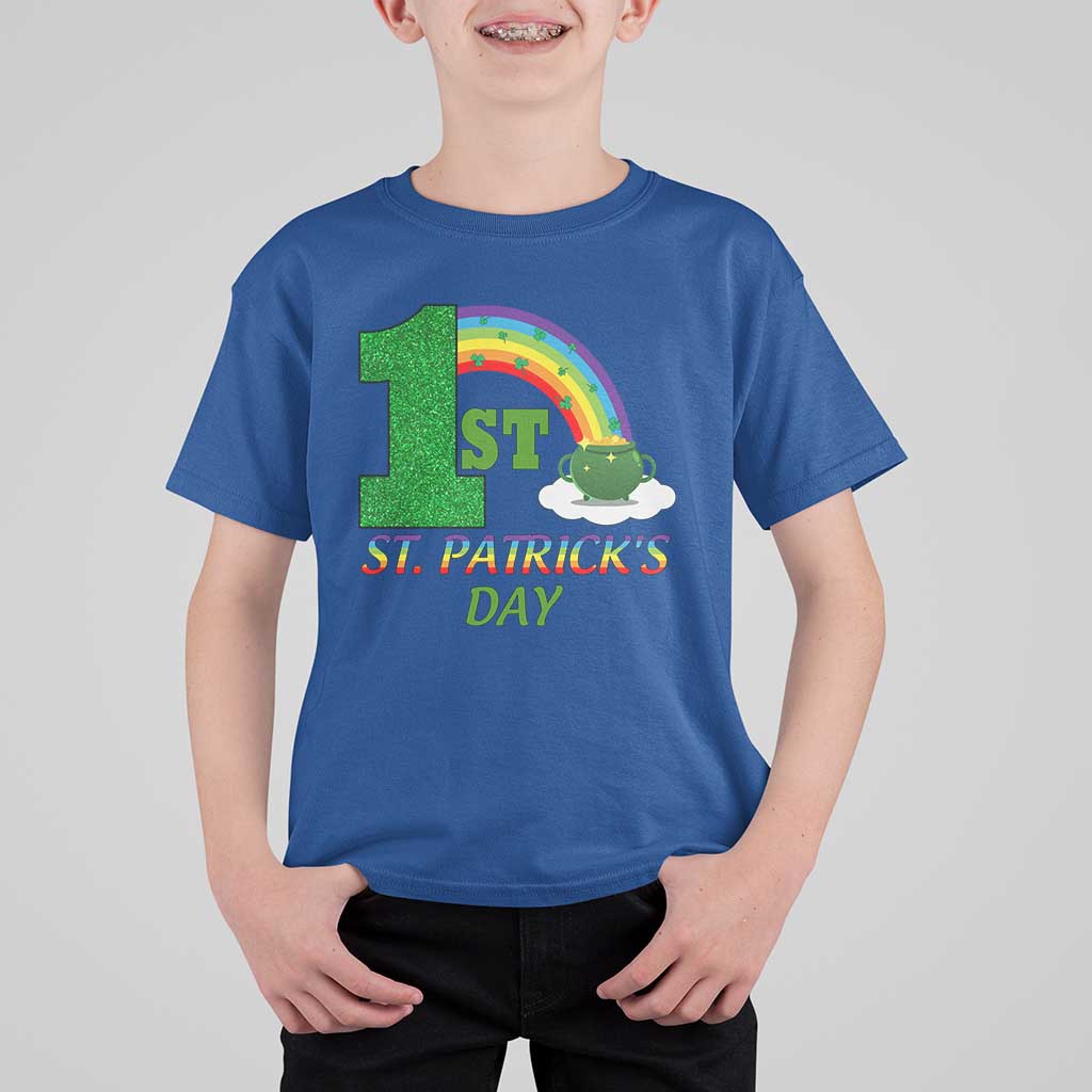 Funny First 1st St Patrick's Day T Shirt For Kid Shamrock Rainbow Glitter Print