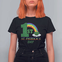 Funny First 1st St Patrick's Day T Shirt For Women Shamrock Rainbow Glitter Print
