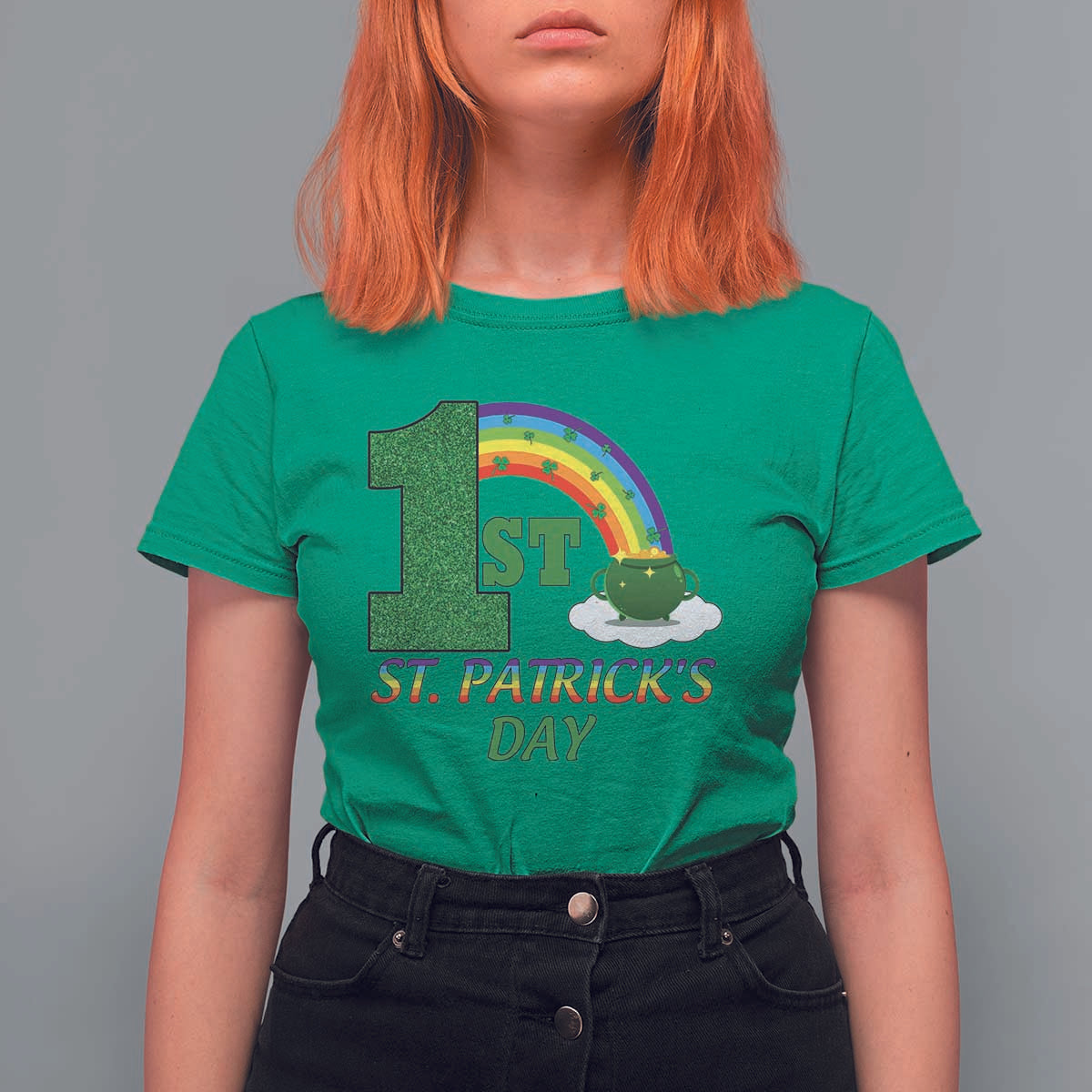 Funny First 1st St Patrick's Day T Shirt For Women Shamrock Rainbow Glitter Print