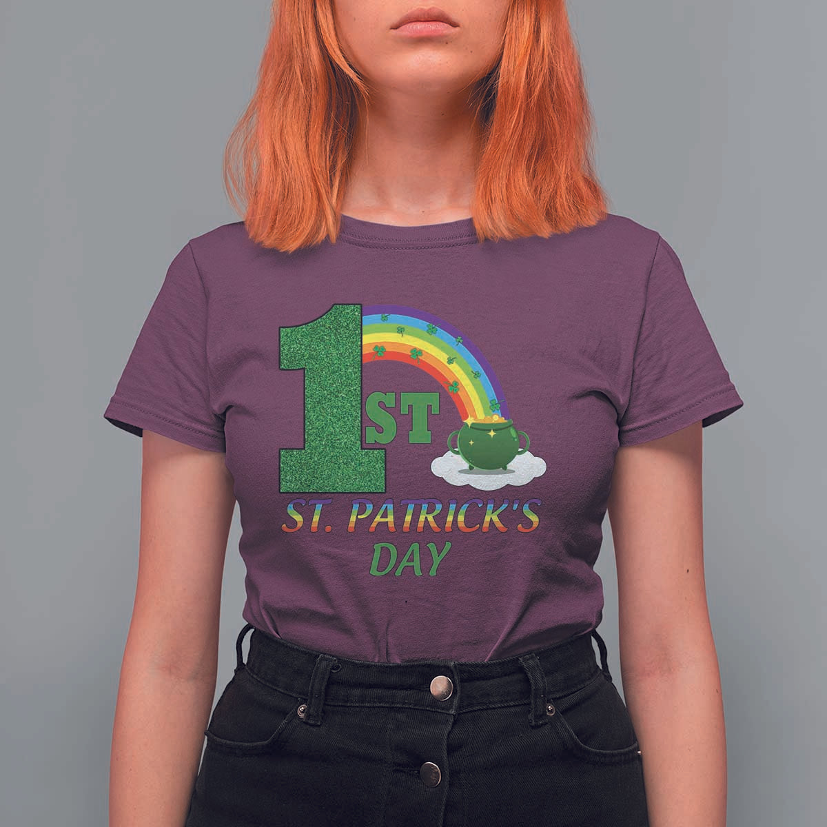 Funny First 1st St Patrick's Day T Shirt For Women Shamrock Rainbow Glitter Print