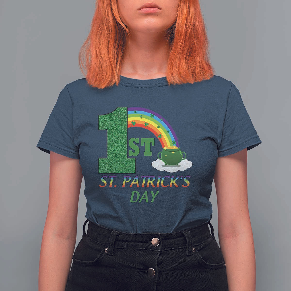 Funny First 1st St Patrick's Day T Shirt For Women Shamrock Rainbow Glitter Print