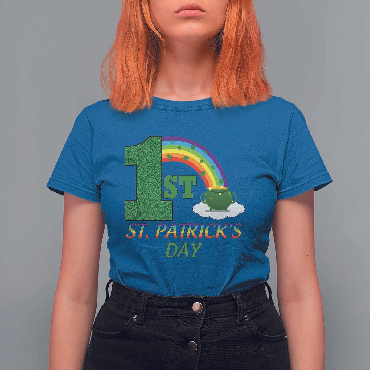 Funny First 1st St Patrick's Day T Shirt For Women Shamrock Rainbow Glitter Print