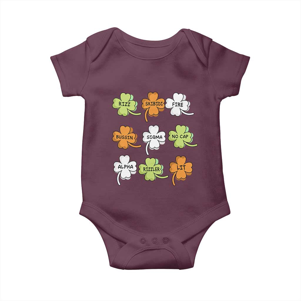 Funny Skibidi Rizz St Patrick's Day Baby Onesie Shamrock Clover Candy Rizzler Meme