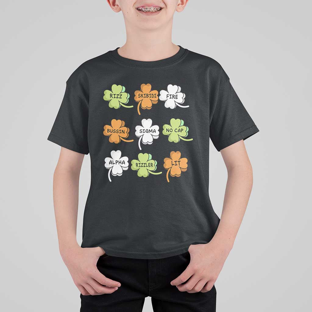 Funny Skibidi Rizz St Patrick's Day T Shirt For Kid Shamrock Clover Candy Rizzler Meme