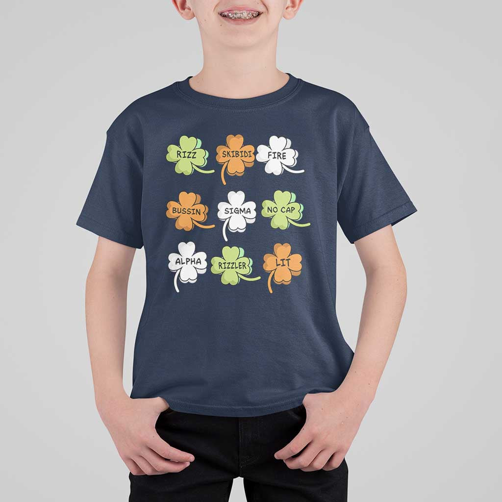 Funny Skibidi Rizz St Patrick's Day T Shirt For Kid Shamrock Clover Candy Rizzler Meme