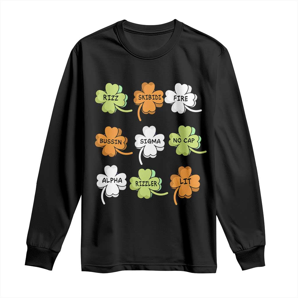 Funny Skibidi Rizz St Patrick's Day Long Sleeve Shirt Shamrock Clover Candy Rizzler Meme