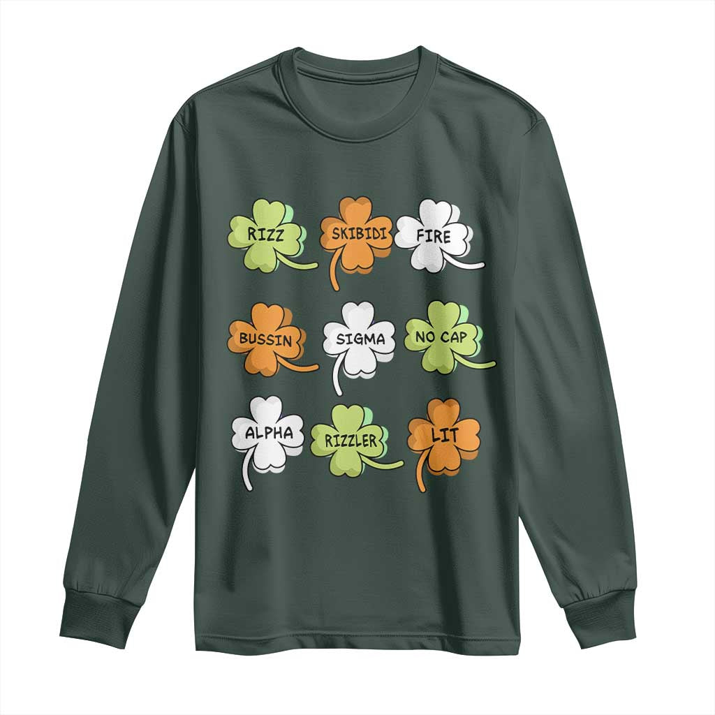 Funny Skibidi Rizz St Patrick's Day Long Sleeve Shirt Shamrock Clover Candy Rizzler Meme