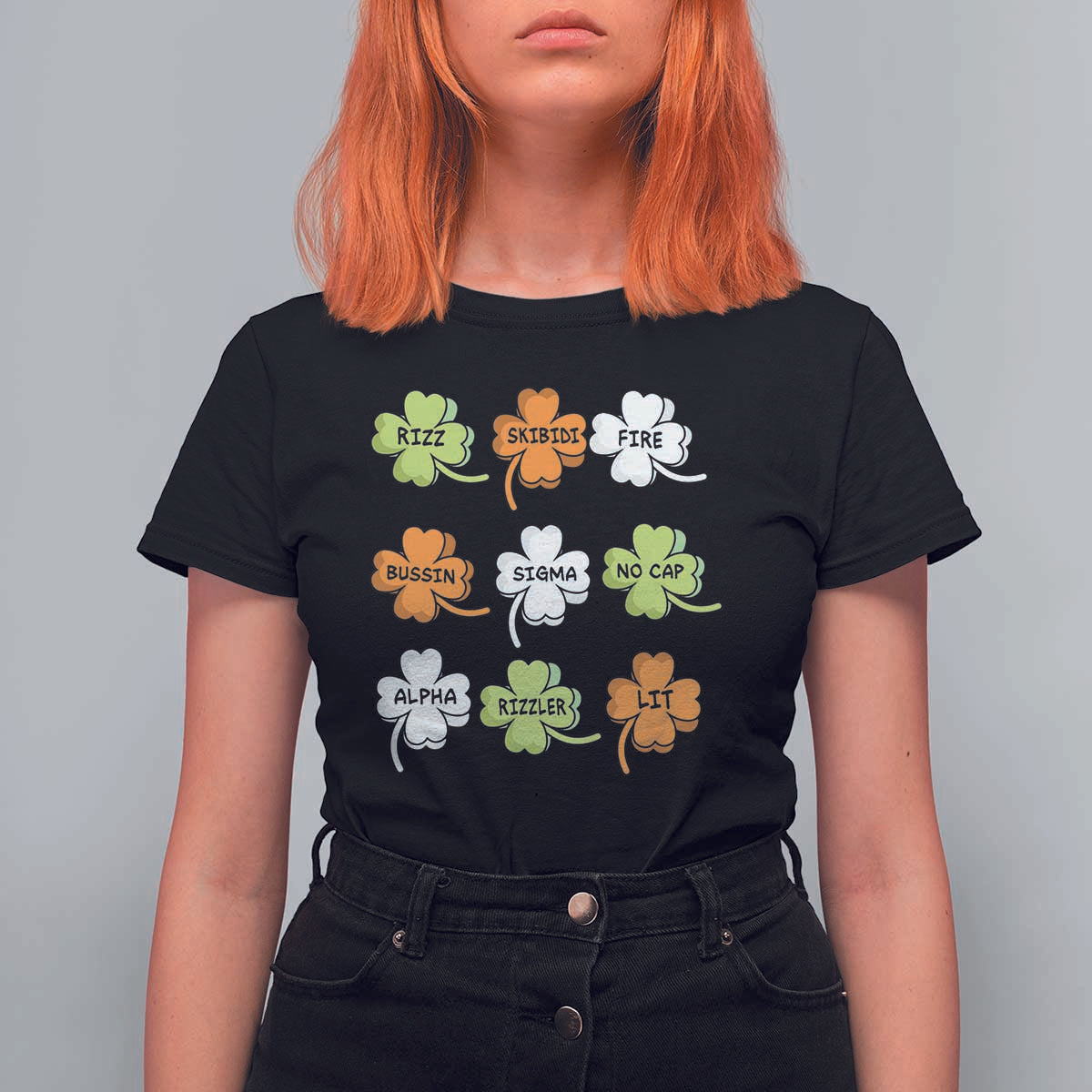Funny Skibidi Rizz St Patrick's Day T Shirt For Women Shamrock Clover Candy Rizzler Meme