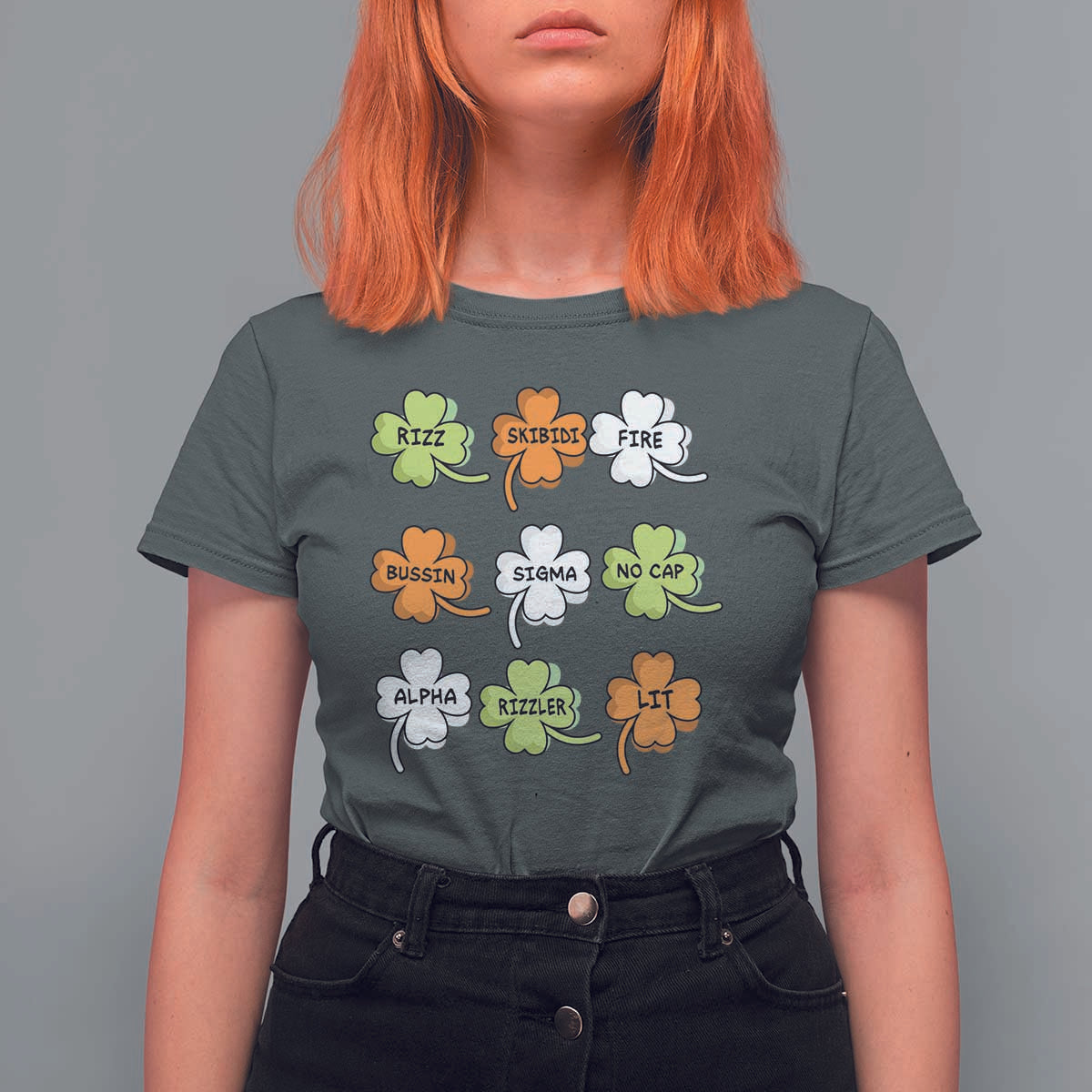Funny Skibidi Rizz St Patrick's Day T Shirt For Women Shamrock Clover Candy Rizzler Meme