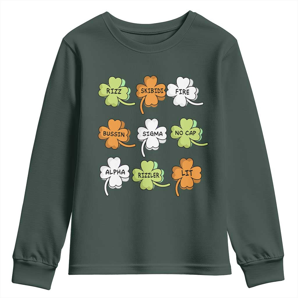 Funny Skibidi Rizz St Patrick's Day Youth Sweatshirt Shamrock Clover Candy Rizzler Meme