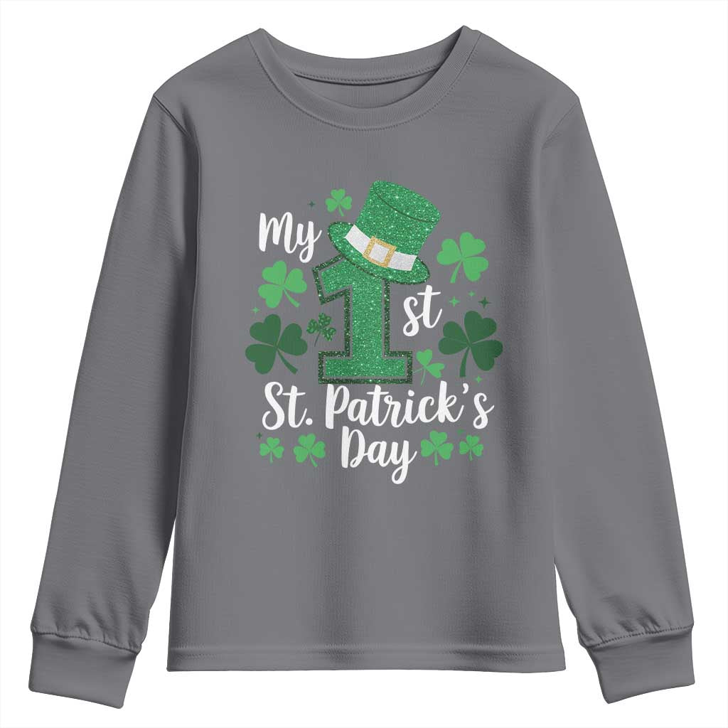 Funny My 1st St Patrick's Day Youth Sweatshirt Shamrock Glitter Print