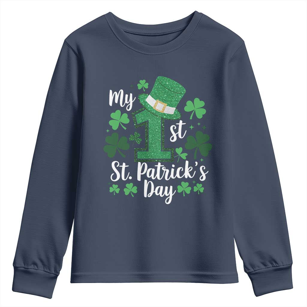 Funny My 1st St Patrick's Day Youth Sweatshirt Shamrock Glitter Print