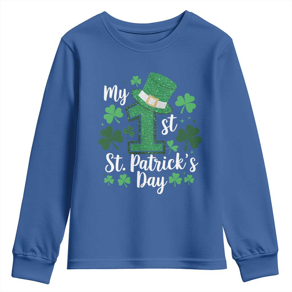 Funny My 1st St Patrick's Day Youth Sweatshirt Shamrock Glitter Print