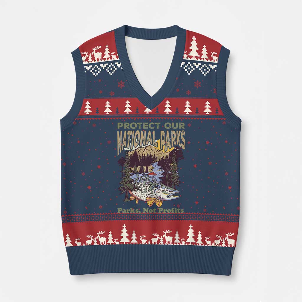 Protect Our National Parks Not Profits V-Neck Knit Sweater Vest Keep Wild Nature Fish Forest - Wonder Print Shop