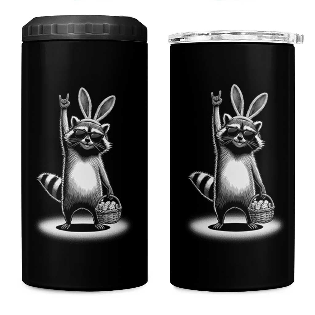 Retro Easter Raccoon Bunny Rock Hand Trash Panda 4 in 1 Can Cooler Tumbler