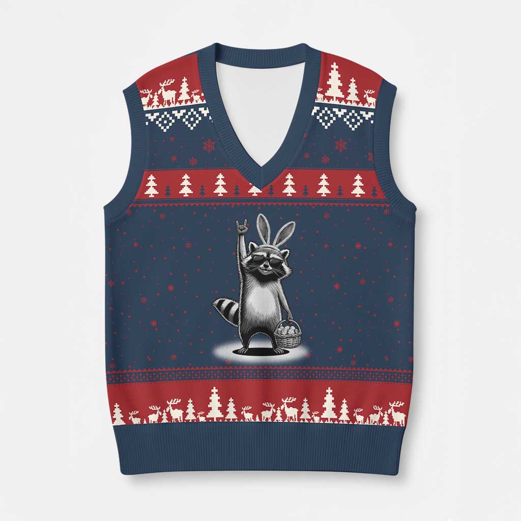 Retro Easter Raccoon Bunny Rock Hand Trash Panda V-Neck Knit Sweater Vest