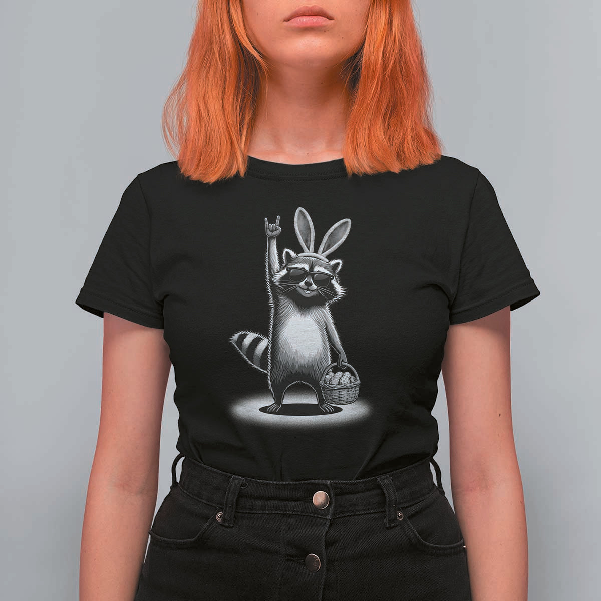 Retro Easter Raccoon Bunny Rock Hand Trash Panda T Shirt For Women
