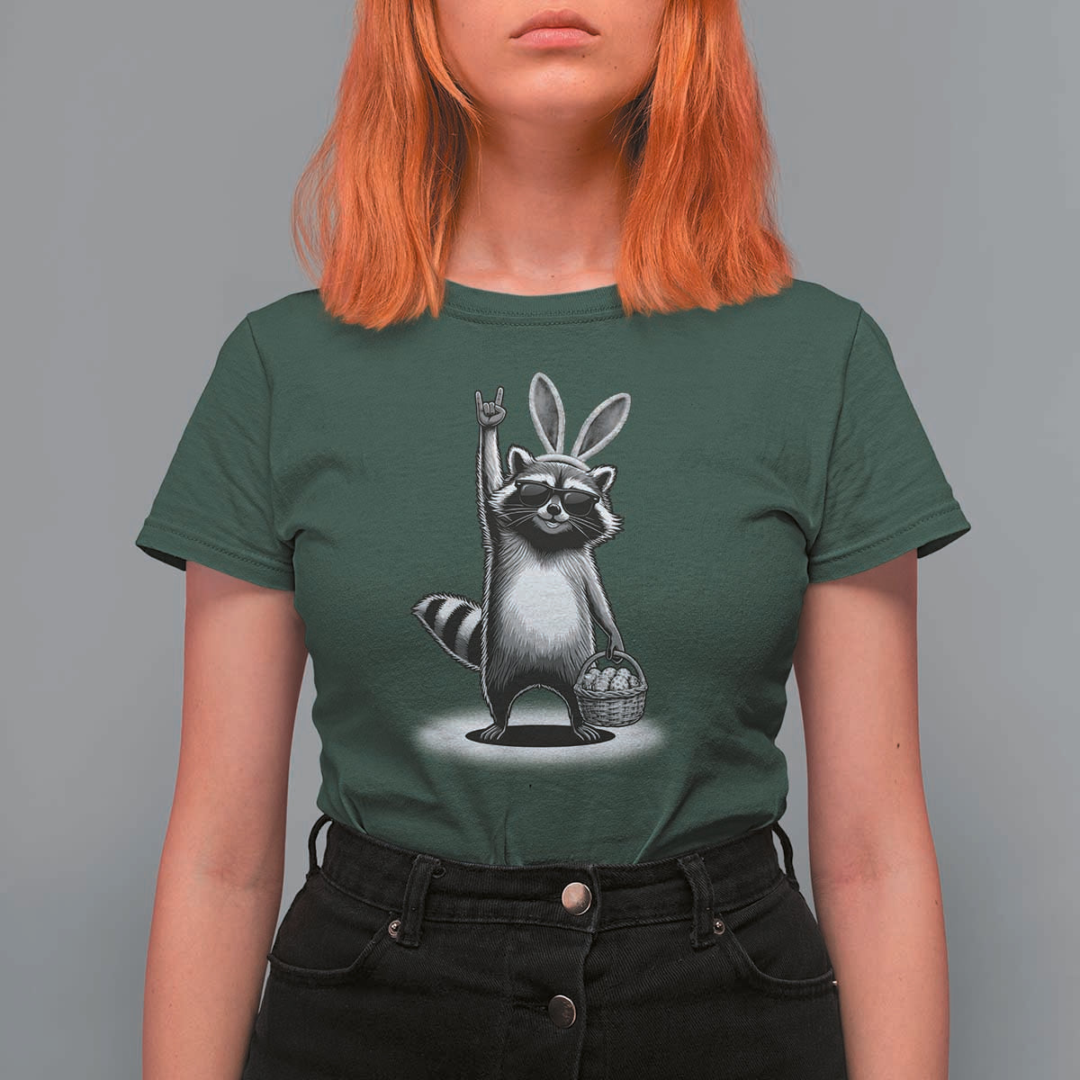Retro Easter Raccoon Bunny Rock Hand Trash Panda T Shirt For Women