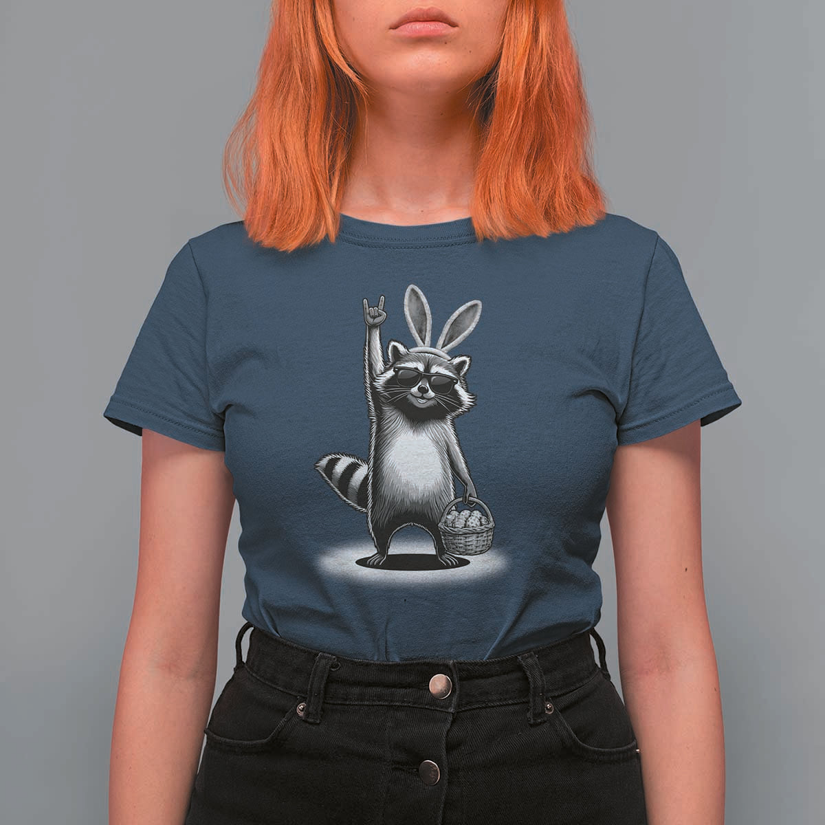 Retro Easter Raccoon Bunny Rock Hand Trash Panda T Shirt For Women