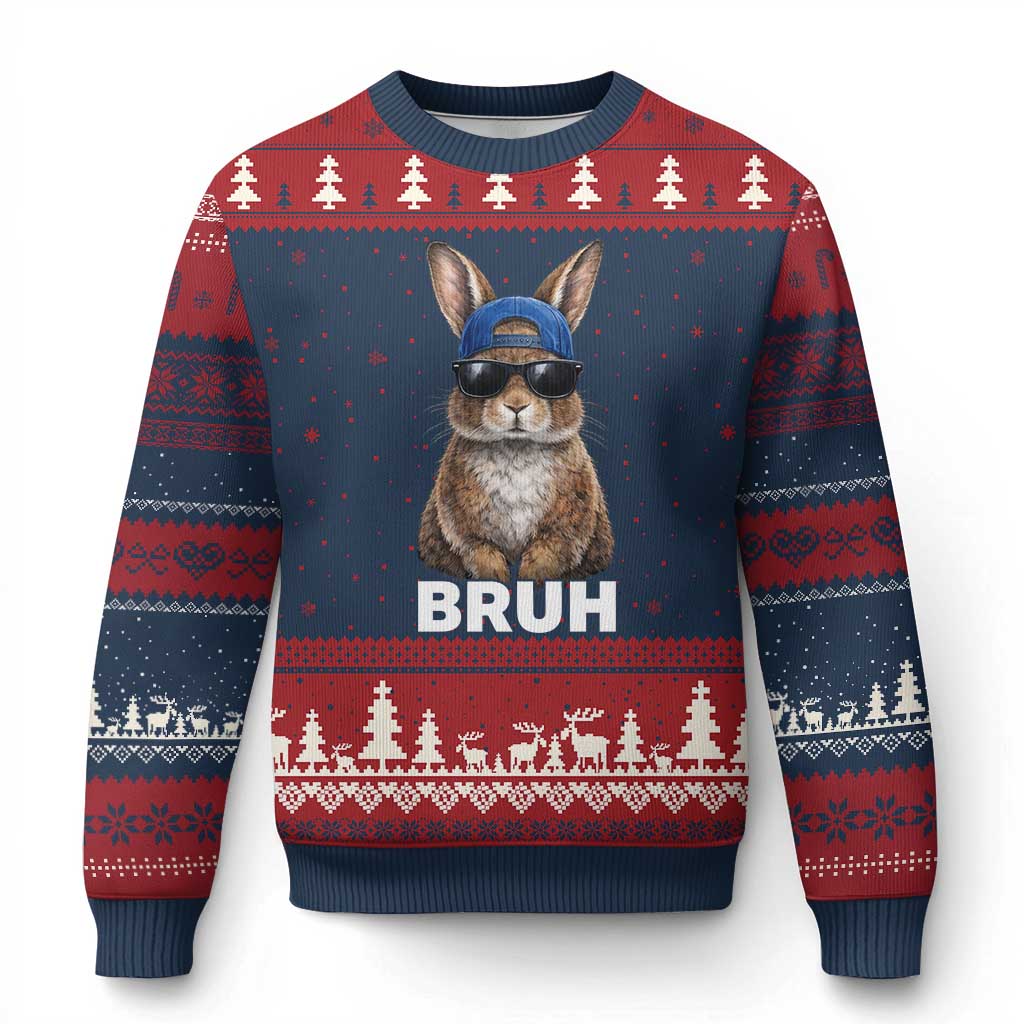 Funny Easter Bruh Bunny Sunglasses Meme Ugly Christmas Sweater